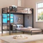 DICTAC Bunk Bed with Desk,Led Lights and Charging Station Metal L-Shaped Twin Over Twin Bunk Beds with Storage Drawers and Shelves, Loft Bed with Safety Guardrail and Ladder for Kids and Teen,Black