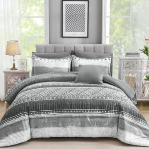 WONGS BEDDING 8 Piece King Size Comforter Set, Texture Striped Bed in a Bag Grey Comforter and Sheet Set, Boho Lightweight Microfiber Bedding Set for All Season (90"×104")