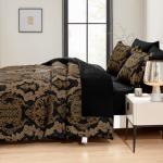 WONGS BEDDING Black Comforter Set King Size, Gold Damask Texture 7 Pieces Bed in a Bag Microfiber Comforter Bedding Sets -1 Comforter, 1 Flat Sheet, 1 Fitted Sheet, 2 Pillow Shams, 2 Pillowcases