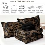 WONGS BEDDING Black Comforter Set King Size, Gold Damask Texture 7 Pieces Bed in a Bag Microfiber Comforter Bedding Sets -1 Comforter, 1 Flat Sheet, 1 Fitted Sheet, 2 Pillow Shams, 2 Pillowcases
