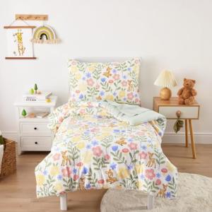 Wake In Cloud - Floral Toddler Bedding Set for Girls, Cute Colorful Botanical Flowers with Deers, 4 Pieces Soft Crib Bed Set Including Comforter, Sheets and Pillowcase, Green Cream
