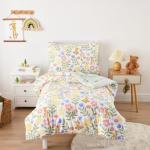 Wake In Cloud - Floral Toddler Bedding Set for Girls, Cute Colorful Botanical Flowers with Deers, 4 Pieces Soft Crib Bed Set Including Comforter, Sheets and Pillowcase, Green Cream