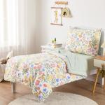 Wake In Cloud - Floral Toddler Bedding Set for Girls, Cute Colorful Botanical Flowers with Deers, 4 Pieces Soft Crib Bed Set Including Comforter, Sheets and Pillowcase, Green Cream