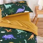 Wake In Cloud - Toddler Bedding Set for Boys, 4 Pieces Soft Crib Bed Set Including Comforter, Fitted Sheet, Flat Top Sheet and Pillowcase, Colorful Jurassic Dinosaur Volcano, Dark Green
