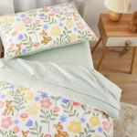 Wake In Cloud - Floral Toddler Bedding Set for Girls, Cute Colorful Botanical Flowers with Deers, 4 Pieces Soft Crib Bed Set Including Comforter, Sheets and Pillowcase, Green Cream