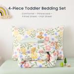 Wake In Cloud - Floral Toddler Bedding Set for Girls, Cute Colorful Botanical Flowers with Deers, 4 Pieces Soft Crib Bed Set Including Comforter, Sheets and Pillowcase, Green Cream