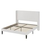 Allewie Full Size Velvet Bed Frame/Vertical Channel Tufted Wingback Headboard/Upholstered Platform Bed/Strong Wooden Slats/No Box Spring Needed/Easy Assembly/White