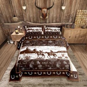 Feelyou Western Aztec Comforter Set Queen Size Horse Cowboy Bedding Set for Boys Men Kids Teens Rustic Western Decor Country Wild West Down Comforter Brown and White Duvet Set with 2 Pillowcase