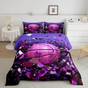 Feelyou 3D Basketball Comforter Set Sports Theme Bedding Set for Boys Girls Children 3D Ball Comforter Gift for Basketball Player Room Decor Purple Twin Size Quilt Set