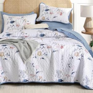 WONGS BEDDING Floral Quilt Set Queen Size, 3 Pieces Navy Blue Botanical Plants Pattern Bedspread Coverlet Set with 2 Pillowcases, Soft Lightweight Microfiber Bedding Set for All Season(96"×90")
