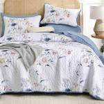 WONGS BEDDING Floral Quilt Set Queen Size, 3 Pieces Navy Blue Botanical Plants Pattern Bedspread Coverlet Set with 2 Pillowcases, Soft Lightweight Microfiber Bedding Set for All Season(96"×90")