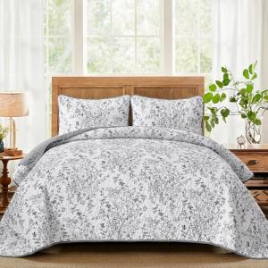 WONGS BDEEING Quilt Queen Size, Grey Quilt Bedding Set with 2 Pillowcases, Botanical Quilt for Queen Bed, Soft Microfiber Lightweight Coverlet Bedspread for All Season (96"×90", 3 Pieces)