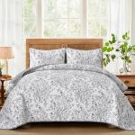 WONGS BDEEING Quilt Queen Size, Grey Quilt Bedding Set with 2 Pillowcases, Botanical Quilt for Queen Bed, Soft Microfiber Lightweight Coverlet Bedspread for All Season (96"×90", 3 Pieces)