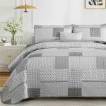 WONGS BEDDING 3 Pieces Quilt Set King Size, Grey Patchwork Quilt Set Bedding Set Bedspreads with 2 Pillowcases, Plaid Soft Lightweight Microfiber Bedding Sets for All Season(104"×90")