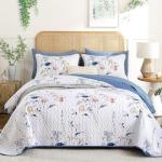 WONGS BEDDING Floral Quilt Set Queen Size, 3 Pieces Navy Blue Botanical Plants Pattern Bedspread Coverlet Set with 2 Pillowcases, Soft Lightweight Microfiber Bedding Set for All Season(96"×90")