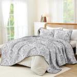 WONGS BDEEING Quilt Queen Size, Grey Quilt Bedding Set with 2 Pillowcases, Botanical Quilt for Queen Bed, Soft Microfiber Lightweight Coverlet Bedspread for All Season (96"×90", 3 Pieces)