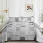 WONGS BEDDING 3 Pieces Quilt Set King Size, Grey Patchwork Quilt Set Bedding Set Bedspreads with 2 Pillowcases, Plaid Soft Lightweight Microfiber Bedding Sets for All Season(104"×90")
