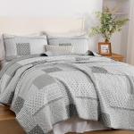 WONGS BEDDING 3 Pieces Quilt Set King Size, Grey Patchwork Quilt Set Bedding Set Bedspreads with 2 Pillowcases, Plaid Soft Lightweight Microfiber Bedding Sets for All Season(104"×90")