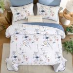 WONGS BEDDING Floral Quilt Set Queen Size, 3 Pieces Navy Blue Botanical Plants Pattern Bedspread Coverlet Set with 2 Pillowcases, Soft Lightweight Microfiber Bedding Set for All Season(96"×90")