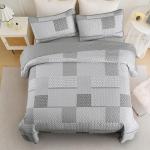 WONGS BEDDING 3 Pieces Quilt Set King Size, Grey Patchwork Quilt Set Bedding Set Bedspreads with 2 Pillowcases, Plaid Soft Lightweight Microfiber Bedding Sets for All Season(104"×90")