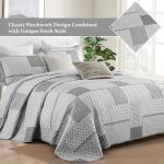 WONGS BEDDING 3 Pieces Quilt Set King Size, Grey Patchwork Quilt Set Bedding Set Bedspreads with 2 Pillowcases, Plaid Soft Lightweight Microfiber Bedding Sets for All Season(104"×90")