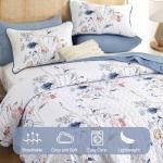 WONGS BEDDING Floral Quilt Set Queen Size, 3 Pieces Navy Blue Botanical Plants Pattern Bedspread Coverlet Set with 2 Pillowcases, Soft Lightweight Microfiber Bedding Set for All Season(96"×90")