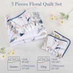 WONGS BEDDING Floral Quilt Set Queen Size, 3 Pieces Navy Blue Botanical Plants Pattern Bedspread Coverlet Set with 2 Pillowcases, Soft Lightweight Microfiber Bedding Set for All Season(96"×90")