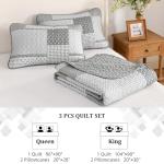 WONGS BEDDING 3 Pieces Quilt Set King Size, Grey Patchwork Quilt Set Bedding Set Bedspreads with 2 Pillowcases, Plaid Soft Lightweight Microfiber Bedding Sets for All Season(104"×90")