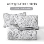 WONGS BDEEING Quilt Queen Size, Grey Quilt Bedding Set with 2 Pillowcases, Botanical Quilt for Queen Bed, Soft Microfiber Lightweight Coverlet Bedspread for All Season (96"×90", 3 Pieces)