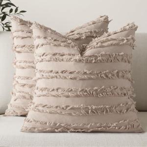 MIULEE Set of 2 Decorative Boho Throw Pillow Covers Linen Striped Jacquard Pattern Cushion Covers for Sofa Couch Living Room Bedroom 18x18 Inch Beige