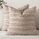 MIULEE Set of 2 Decorative Boho Throw Pillow Covers Linen Striped Jacquard Pattern Cushion Covers for Sofa Couch Living Room Bedroom 18x18 Inch Beige
