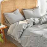 Wake In Cloud - Striped Cotton Duvet Cover Set, 100% Washed Cotton Textured Percale Bedding Set, Ticking Stripe Pinstripe Farmhouse, 3 Pieces, Grey, Queen Size