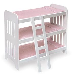 Badger Basket Triple Doll Bunk Bed - Pink Gingham Stackable Sleep Set with Ladder, Personalized Name Kit, and Bedding - Fits 14 to 20 Inch Dolls for Pretend Play and Display