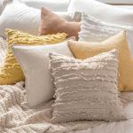 MIULEE Set of 2 Decorative Boho Throw Pillow Covers Linen Striped Jacquard Pattern Cushion Covers for Sofa Couch Living Room Bedroom 18x18 Inch Beige