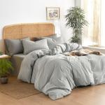 Wake In Cloud - Striped Cotton Duvet Cover Set, 100% Washed Cotton Textured Percale Bedding Set, Ticking Stripe Pinstripe Farmhouse, 3 Pieces, Grey, Queen Size