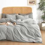 Wake In Cloud - Striped Cotton Duvet Cover Set, 100% Washed Cotton Textured Percale Bedding Set, Ticking Stripe Pinstripe Farmhouse, 3 Pieces, Grey, Queen Size