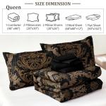 WONGS BEDDING Black Comforter Set Queen Size, Gold Damask Texture 7 Pieces Bed in a Bag Microfiber Comforter Bedding Sets -1 Comforter, 1 Flat Sheet, 1 Fitted Sheet, 2 Pillow Shams, 2 Pillowcases