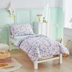 UOZZI BEDDING 4 Pieces White Girls Toddler Bedding Set Purple Floral Style - Includes Adorable Quilted Flower Comforter, Green Plaid Fitted Sheet, Top Sheet, and Pillow Case for Girls Bed