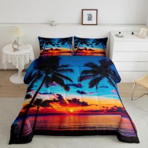 Feelyou Ocean Beach Themed Bedding Set King Size,Tropical Sunset Beach with Palm Trees Comforter Set,Peaceful Sea Marine Palm Tree Comforter Bright Hawaii Style Duvet Set 1 Comforter 2 Pillowcase