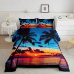 Feelyou Ocean Beach Themed Bedding Set King Size,Tropical Sunset Beach with Palm Trees Comforter Set,Peaceful Sea Marine Palm Tree Comforter Bright Hawaii Style Duvet Set 1 Comforter 2 Pillowcase