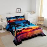 Feelyou Ocean Beach Themed Bedding Set King Size,Tropical Sunset Beach with Palm Trees Comforter Set,Peaceful Sea Marine Palm Tree Comforter Bright Hawaii Style Duvet Set 1 Comforter 2 Pillowcase