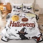 Cmfshape Halloween Quilt Set Bedspread Set,3 Piece Queen Size Halloween Bat Black Cat Pumpkin Crow Ghost Owl Themed Bedding Set,Reversible Coverlet Set with 2 Pillow Shams (Queen 90"x90")