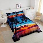 Feelyou Ocean Beach Themed Bedding Set King Size,Tropical Sunset Beach with Palm Trees Comforter Set,Peaceful Sea Marine Palm Tree Comforter Bright Hawaii Style Duvet Set 1 Comforter 2 Pillowcase