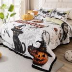 Cmfshape Halloween Quilt Set Bedspread Set,3 Piece Queen Size Halloween Bat Black Cat Pumpkin Crow Ghost Owl Themed Bedding Set,Reversible Coverlet Set with 2 Pillow Shams (Queen 90"x90")