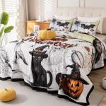 Cmfshape Halloween Quilt Set Bedspread Set,3 Piece Queen Size Halloween Bat Black Cat Pumpkin Crow Ghost Owl Themed Bedding Set,Reversible Coverlet Set with 2 Pillow Shams (Queen 90"x90")