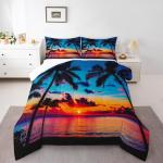Feelyou Ocean Beach Themed Bedding Set King Size,Tropical Sunset Beach with Palm Trees Comforter Set,Peaceful Sea Marine Palm Tree Comforter Bright Hawaii Style Duvet Set 1 Comforter 2 Pillowcase