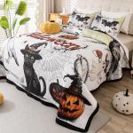 Cmfshape Halloween Quilt Set Bedspread Set,3 Piece Queen Size Halloween Bat Black Cat Pumpkin Crow Ghost Owl Themed Bedding Set,Reversible Coverlet Set with 2 Pillow Shams (Queen 90"x90")