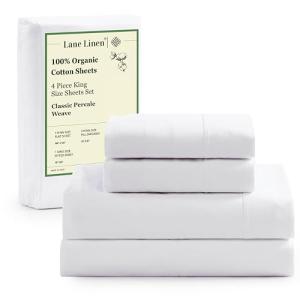 LANE LINEN 100% Organic Cotton King Size Sheets Set, Soft & Comfy All Season Breathable Sheets King Size, Percale Weave Fully Elasticized Eco Friendly Naturally Cooling King White Bed Sheets