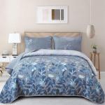 WONGS BEDDING Blue Quilt Set Queen Size,3 Pieces Navy Blue Floral Bedspread Coverlet Set,Soft Microfiber Lightweight Grayish Blue Gradient Floral Bedding Set Queen 96"x90"