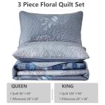 WONGS BEDDING Blue Quilt Set Queen Size,3 Pieces Navy Blue Floral Bedspread Coverlet Set,Soft Microfiber Lightweight Grayish Blue Gradient Floral Bedding Set Queen 96"x90"